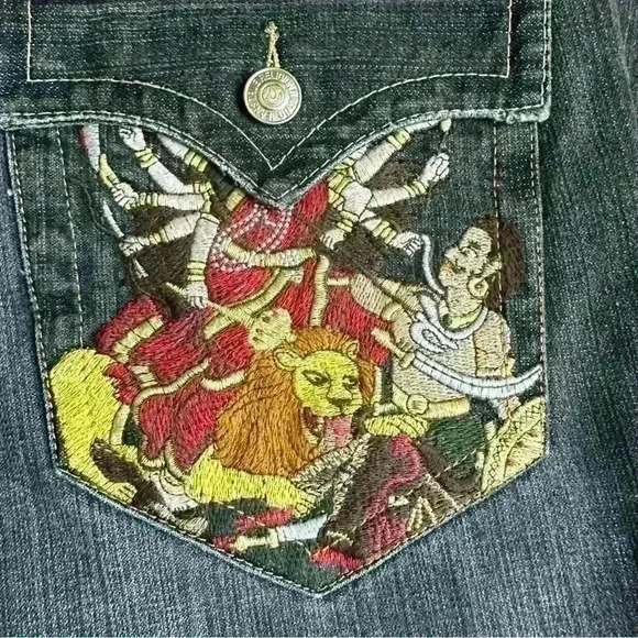 True Religion Rare‎ Embroidered Hindu God Billy Vintage Wide Leg Jeans 36x28 - Picture 6 of 12